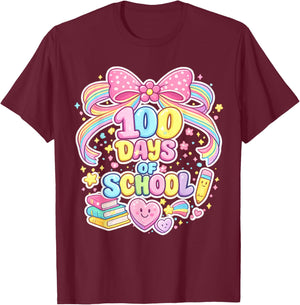 100th Day of School 100 Days Teacher Coquette Bow Girl T-Shirt - T-Shirt | Maroon