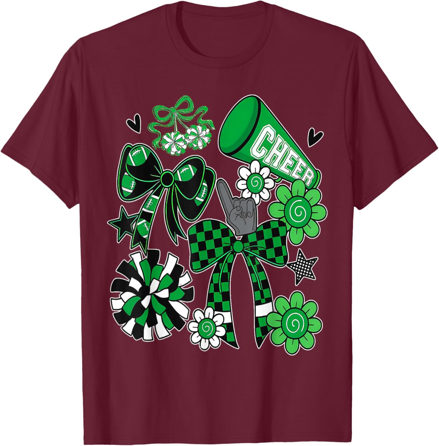 Retro Green Cheer Football Game Day Coquette Bow T-Shirt - T-Shirt | Maroon