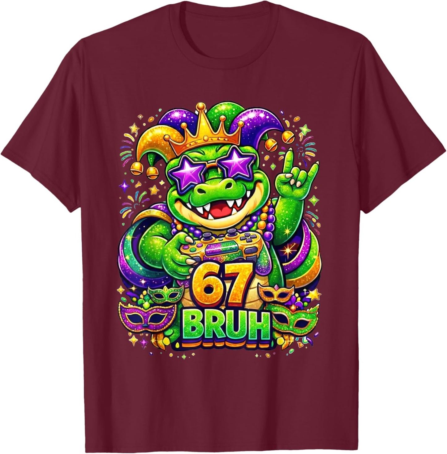 Mardi Gras Party Alligator Mardigator 67 Bruh Gamer Boys T-Shirt - T-Shirt | Maroon