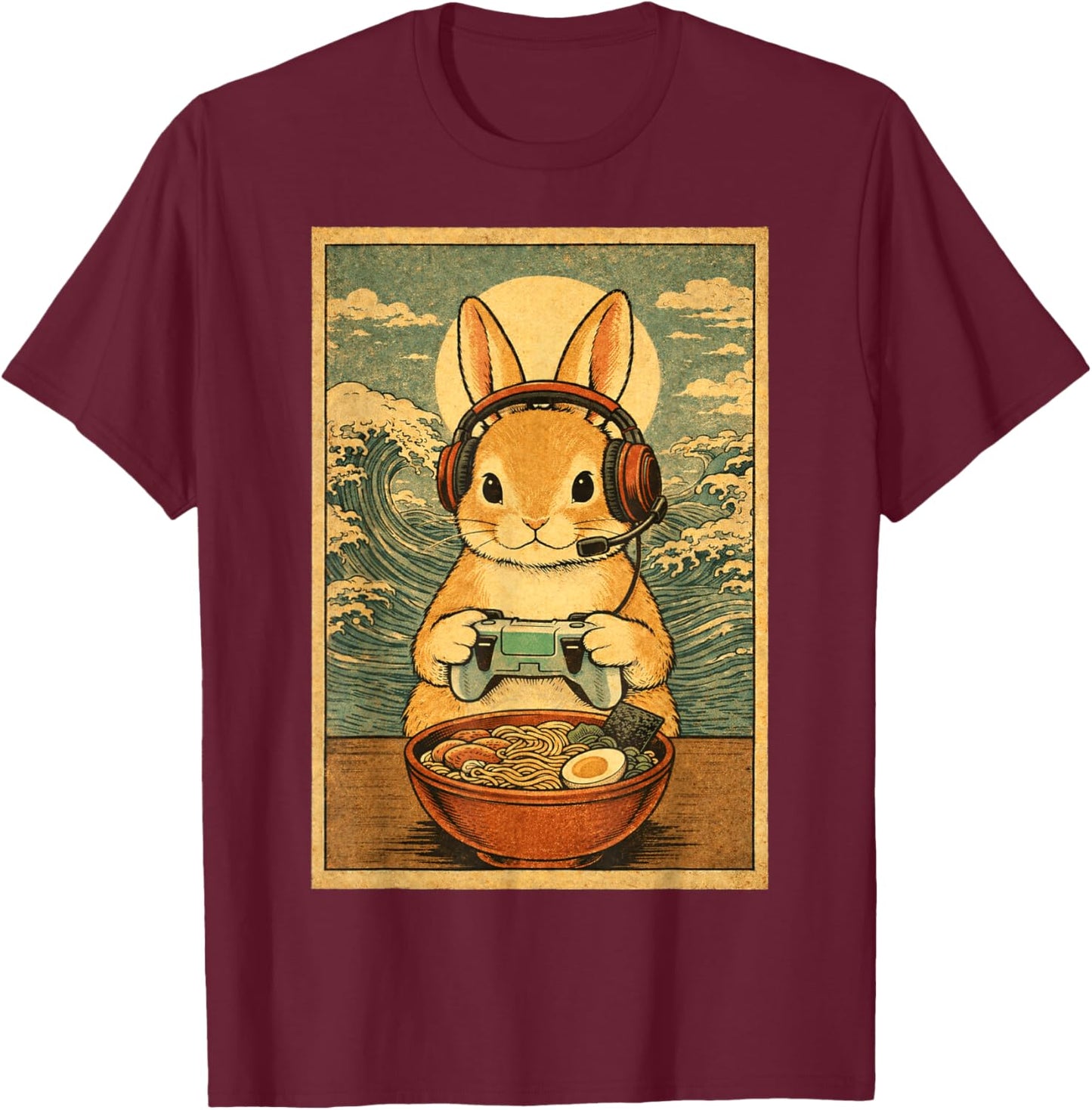 Gamer Bunny Ramen Japanese Graphic Women Teens T-Shirt - T-Shirt | Maroon