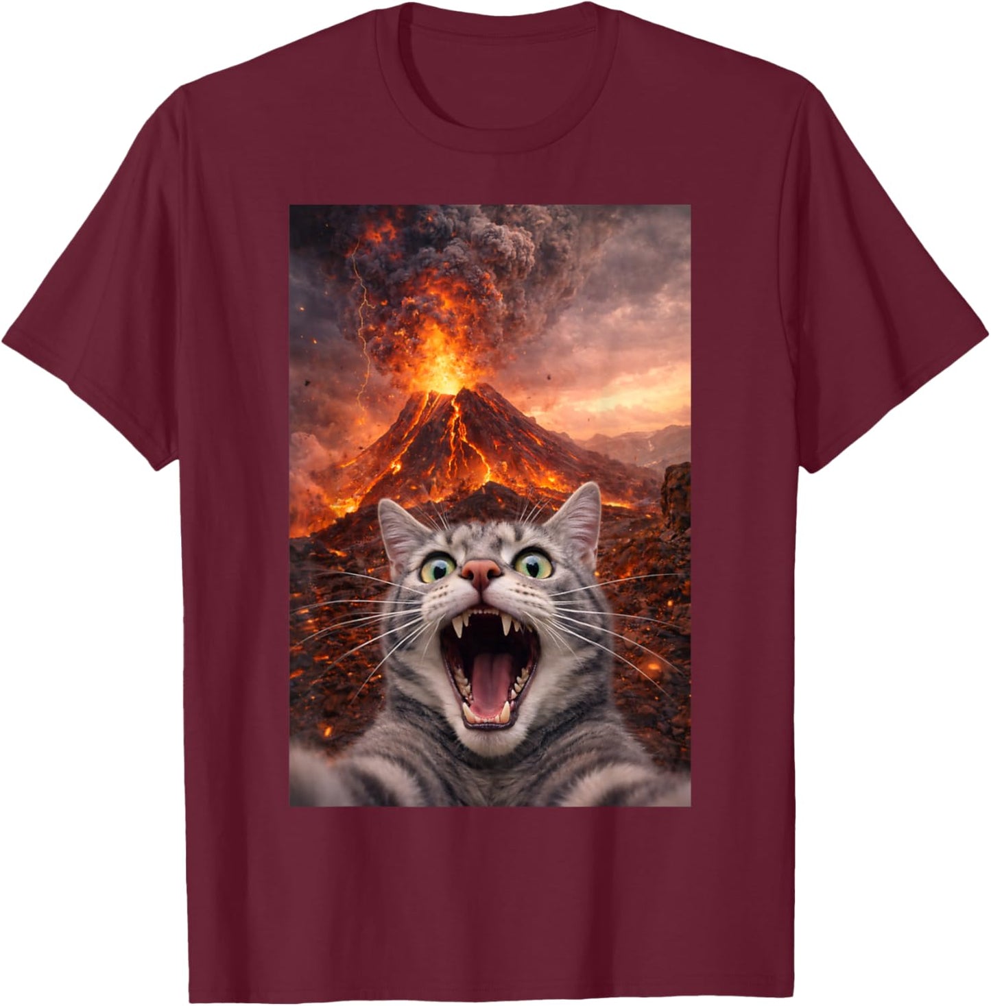 Funny Scared Cat Selfie During Volcano Eruption T-Shirt - T-Shirt | Maroon