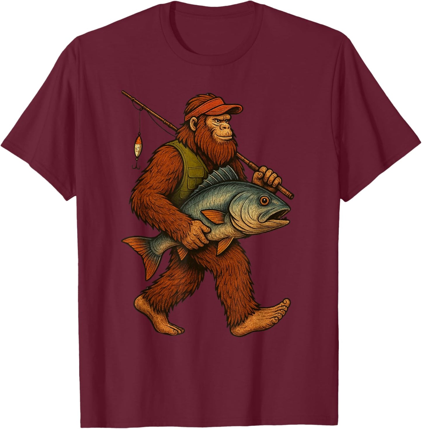 Bigfoot Fishing Fisherman Vintage Funny Sasquatch Men Dad T-Shirt - T-Shirt | Maroon