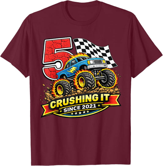 Birthday Monster Truck 5 Year Old Boys 5th Party Born 2021 T-Shirt - T-Shirt | Maroon