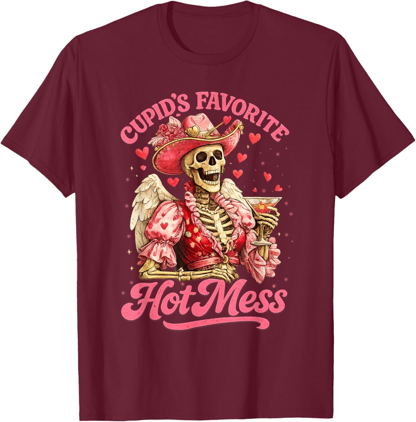 Retro Cupid's Favorite Hot Mess Funny Skeleton Valentine Day T-Shirt - T-Shirt | Maroon