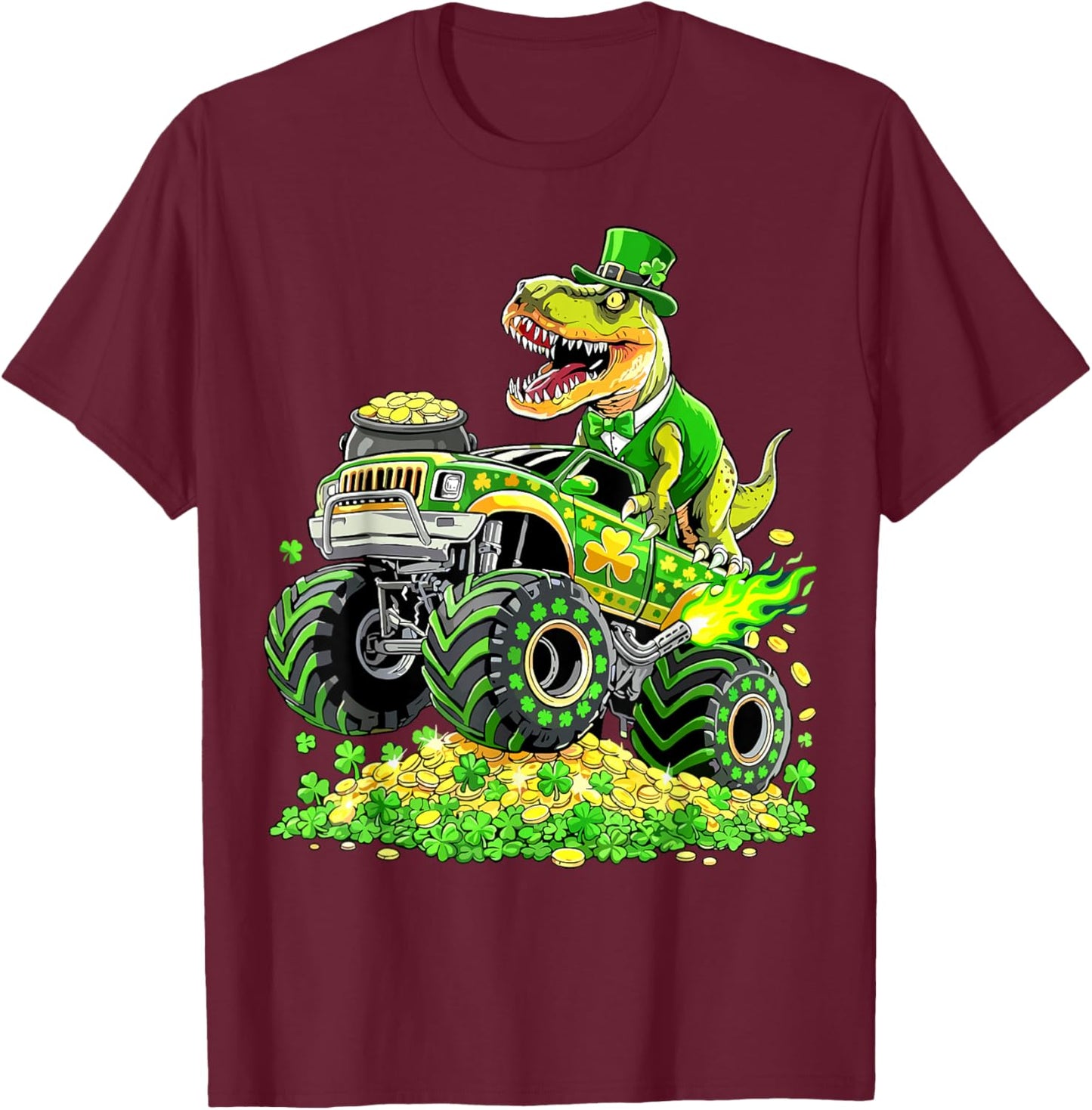 St Patricks Day T Rex Monster Truck Shamrock T-Shirt - T-Shirt | Maroon