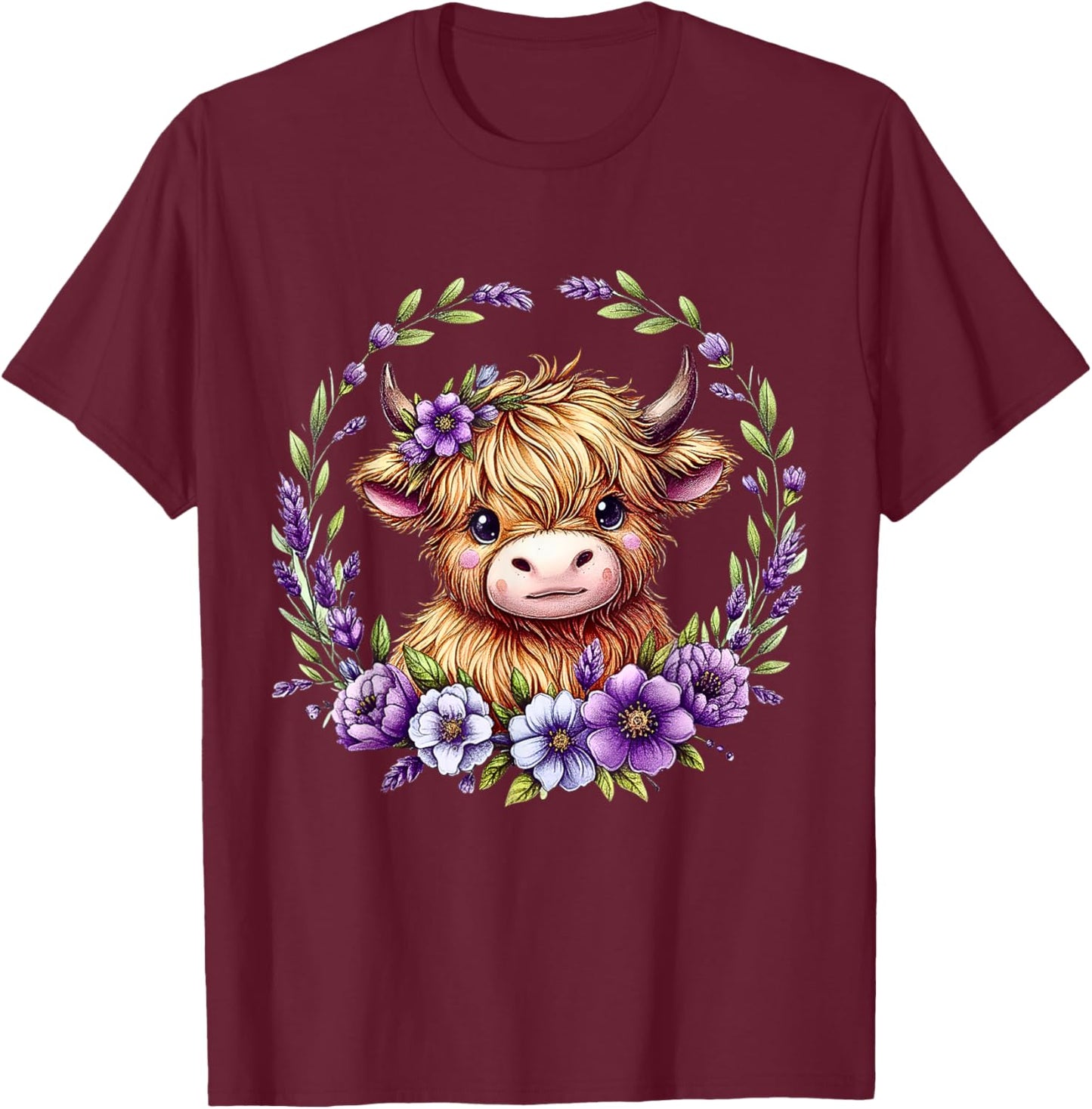 Baby Highland Cow with Purple Flowers Scottish Farm T-Shirt - T-Shirt | Maroon