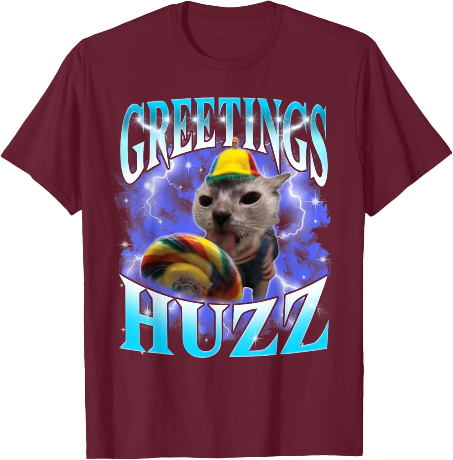 Funny Gen Z Gen Alpha Slang Cat Meme Greetings Huzz Cat Meme T-Shirt - T-Shirt | Maroon