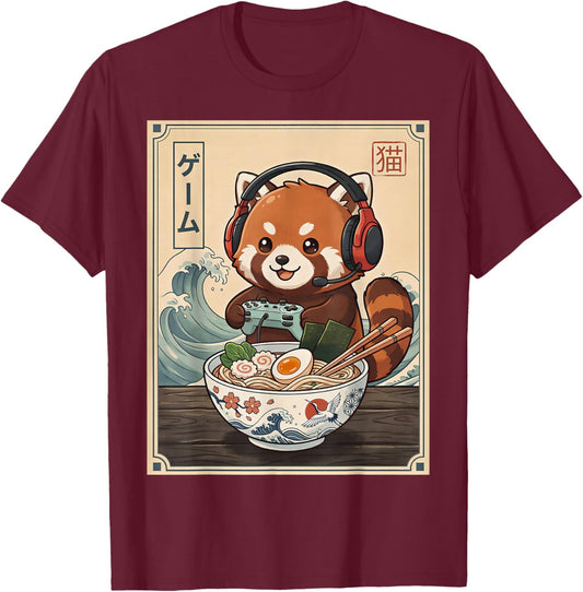 Cute Red Panda Eating Ramen Japanese Funny Red Panda Gaming T-Shirt - T-Shirt | Maroon