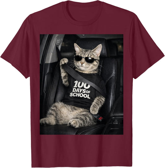 100 Days of School Cool Cat Seatbelt Funny T-Shirt - T-Shirt | Maroon