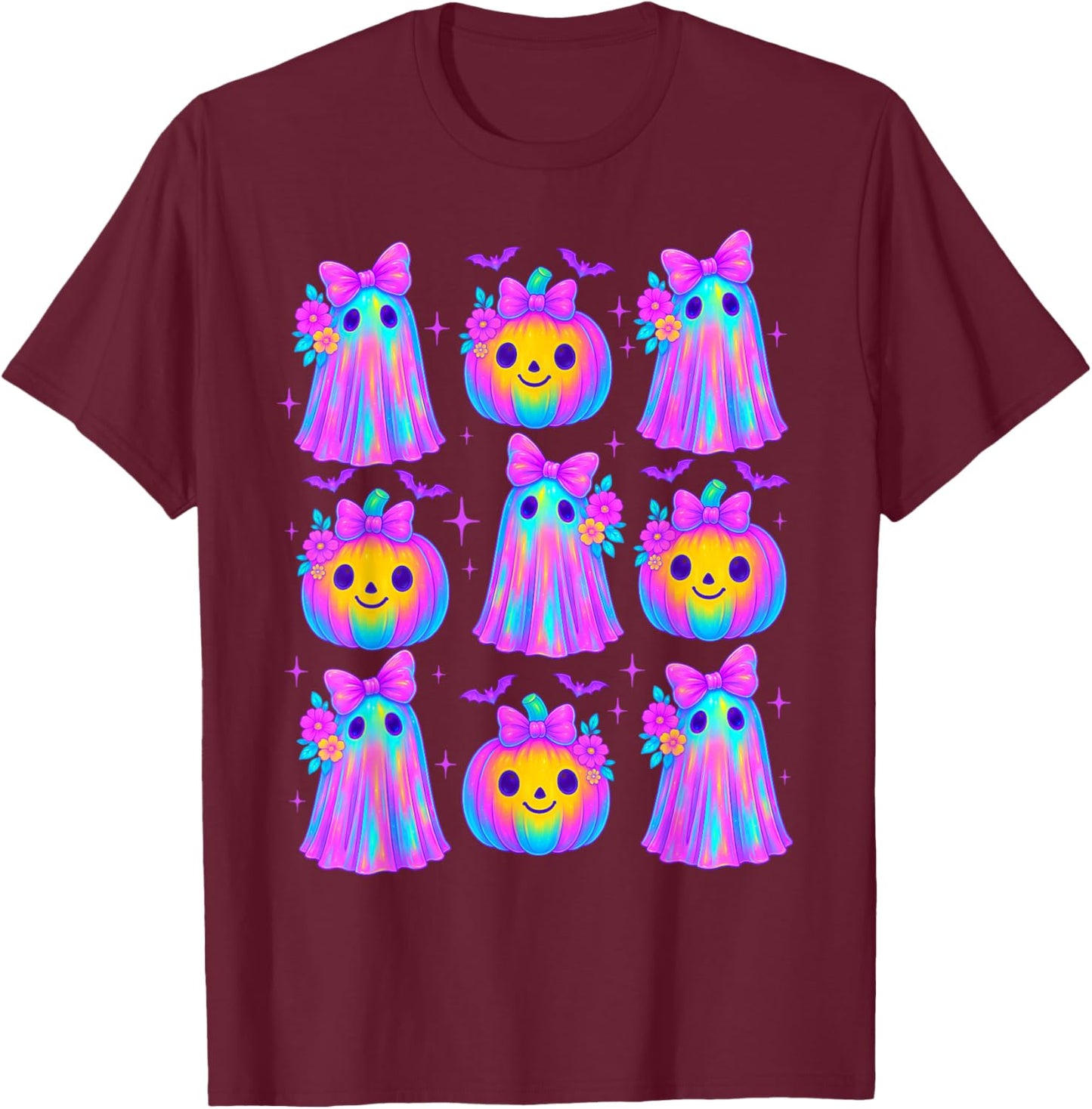 Cute Floral Ghost & Pumpkin Coquette Bow Halloween T-Shirt - T-Shirt | Maroon
