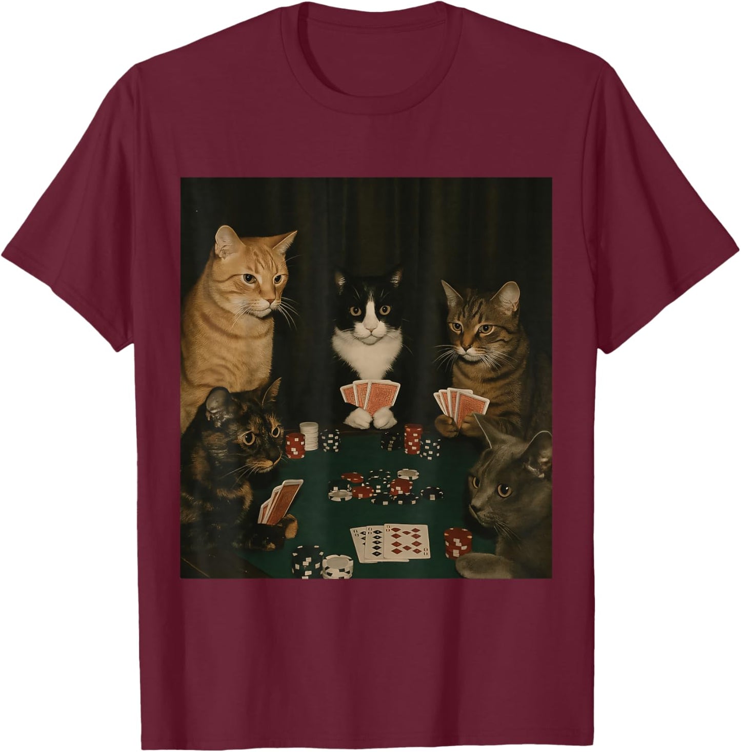 Vintage Cats Playing Poker Kitty Meme Cute Cat Lover Graphic T-Shirt - T-Shirt | Maroon