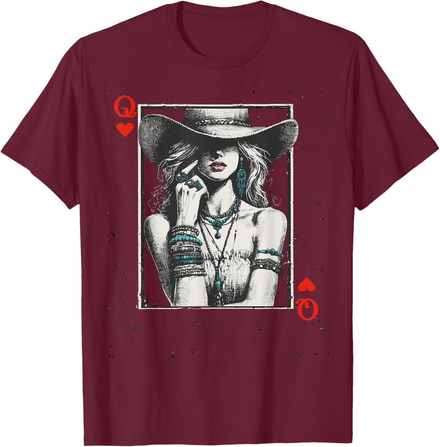 Western Cowgirl Valentine Queen of Hearts Card Vintage Style T-Shirt - T-Shirt | Maroon