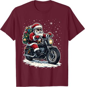 Santa Claus on Motorcycle Lights Christmas Tree Biker Xmas T-Shirt - T-Shirt | Maroon