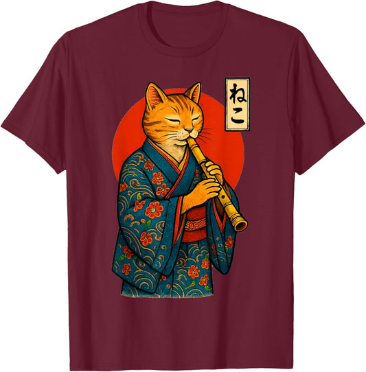 Vintage Japanese Samurai Cat Playing The Shakuhachi Flute T-Shirt - T-Shirt | Maroon