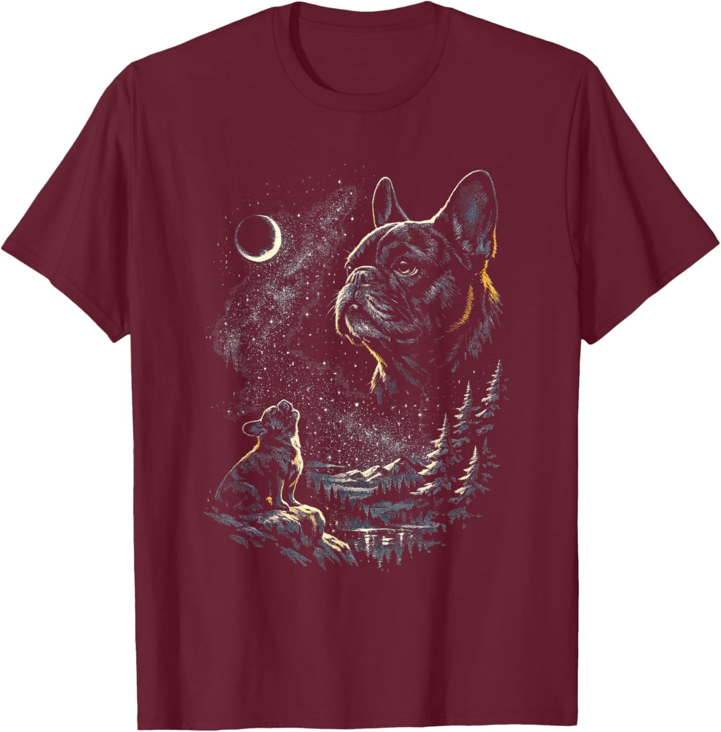 French Bulldog Howling at Moon Vintage 90s Funny Graphic T-Shirt - T-Shirt | Maroon