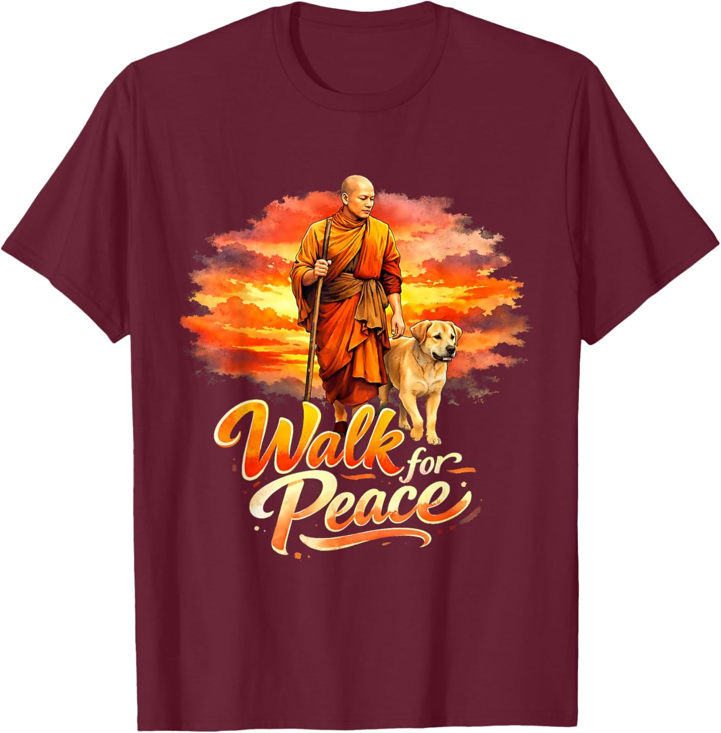 Walk for Peace Mindful Monk Spiritual Art T-Shirt - T-Shirt | Maroon