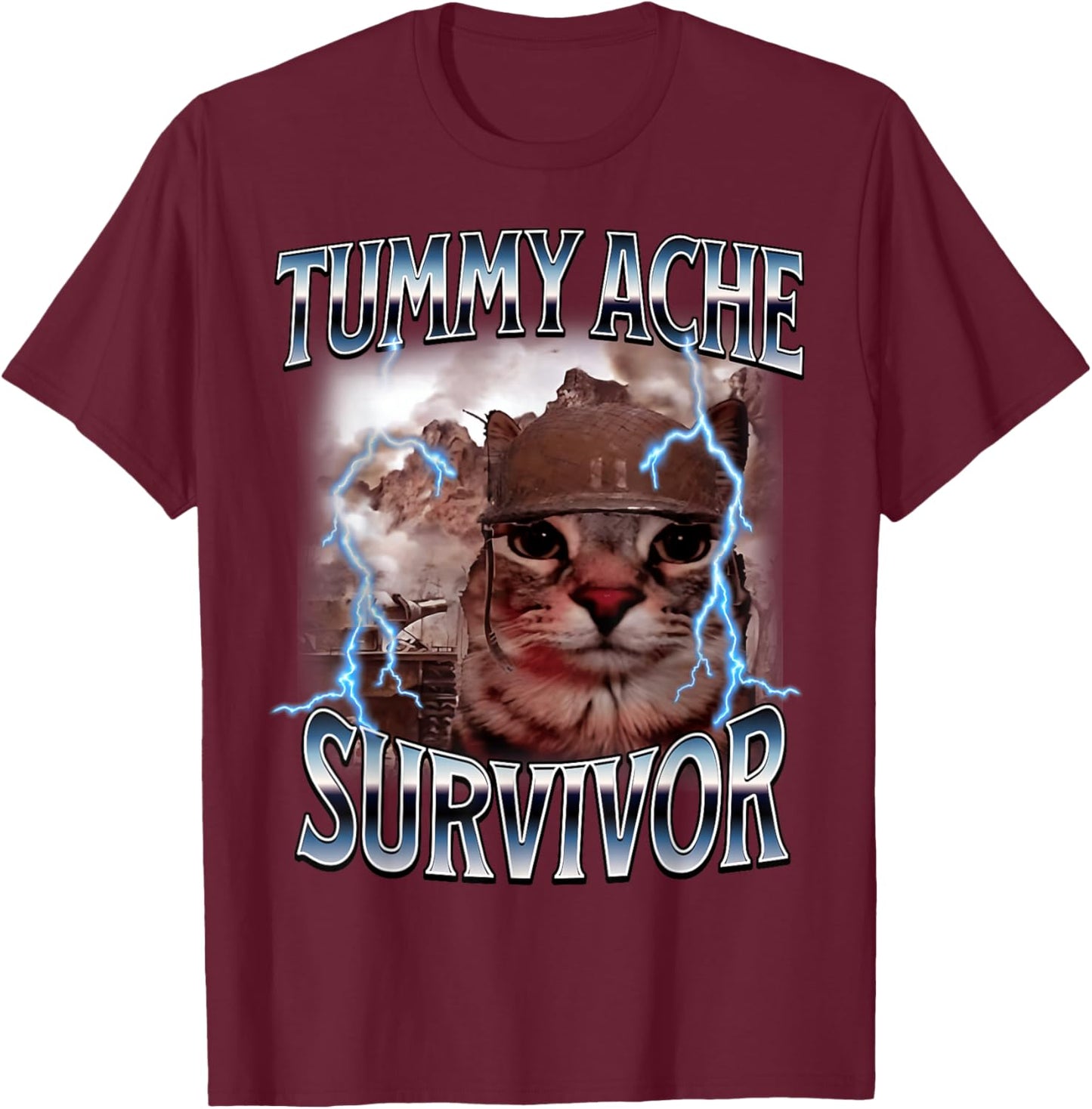 Tummy Ache Survivor Funny Cat Meme I Survived Today's Tummy T-Shirt - T-Shirt | Maroon