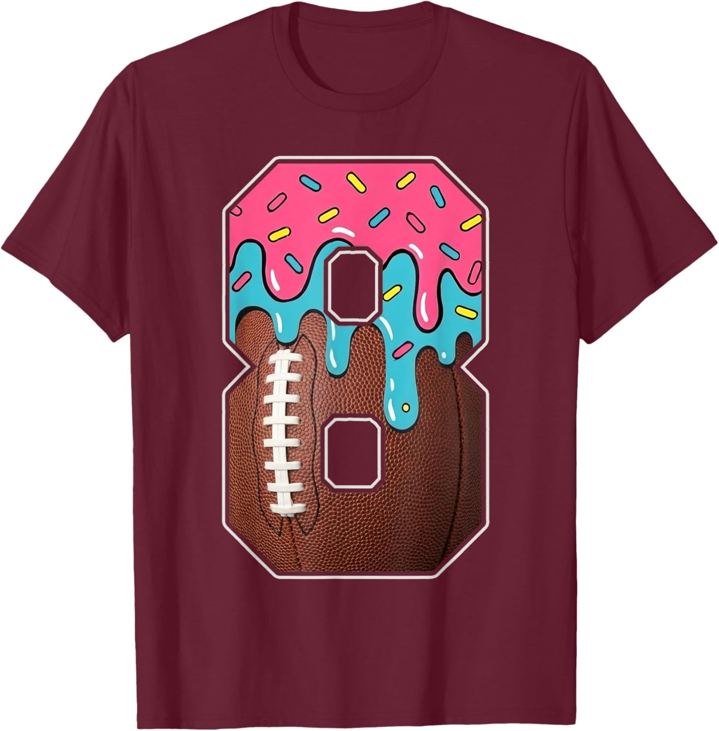 8th Birthday Boy American Football Ice Cream Drip 8 Year Old T-Shirt - T-Shirt | Maroon