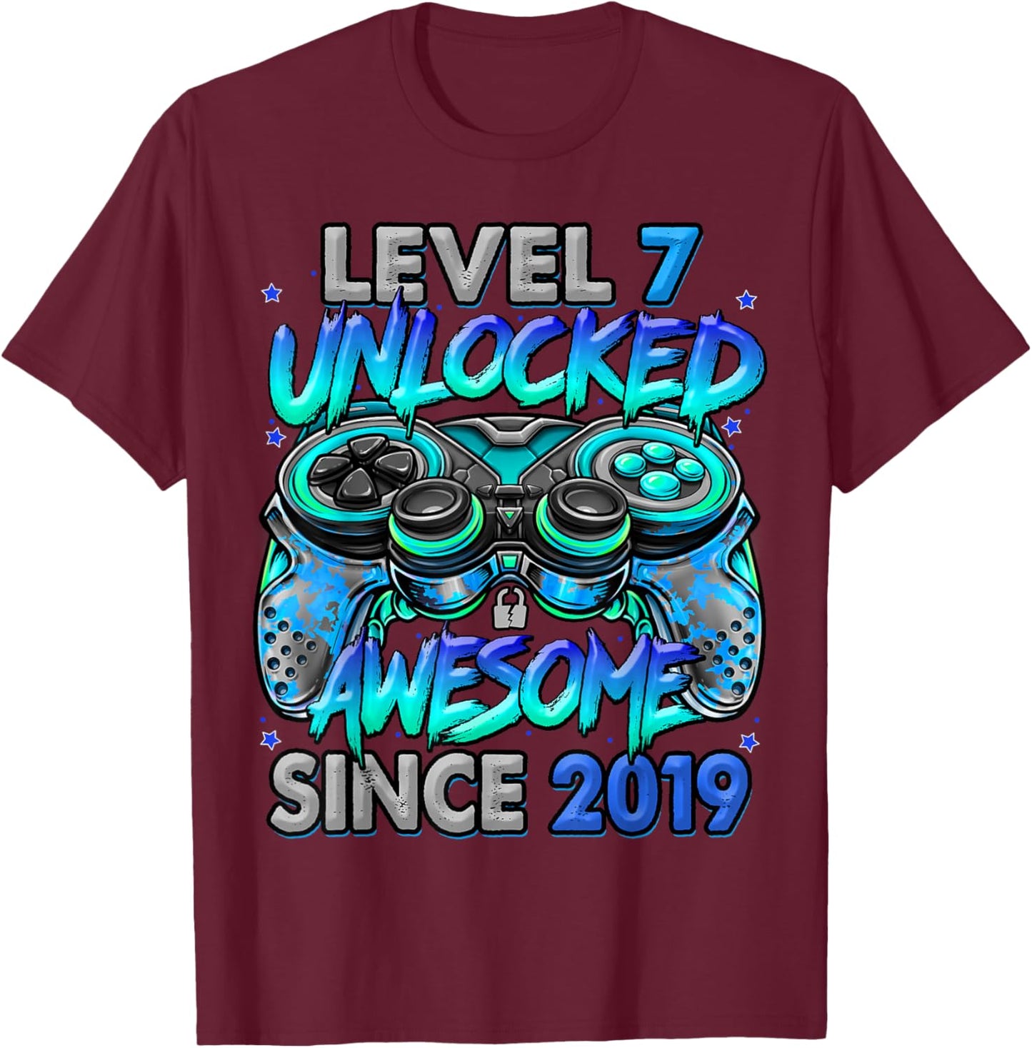 Level 7 Unlocked Awesome Since 2019 7th Birthday Gaming T-Shirt - T-Shirt | Maroon