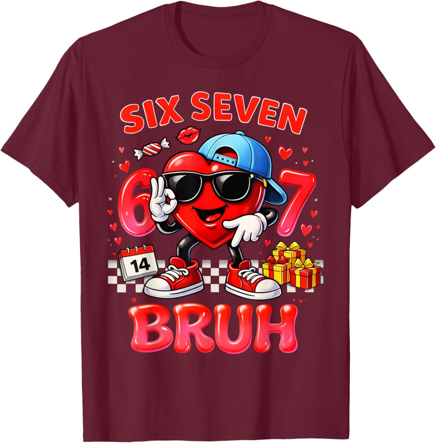 Six Seven Bruh Heart 67 Meme Valentines Day Kids Boys Youth T-Shirt - T-Shirt | Maroon