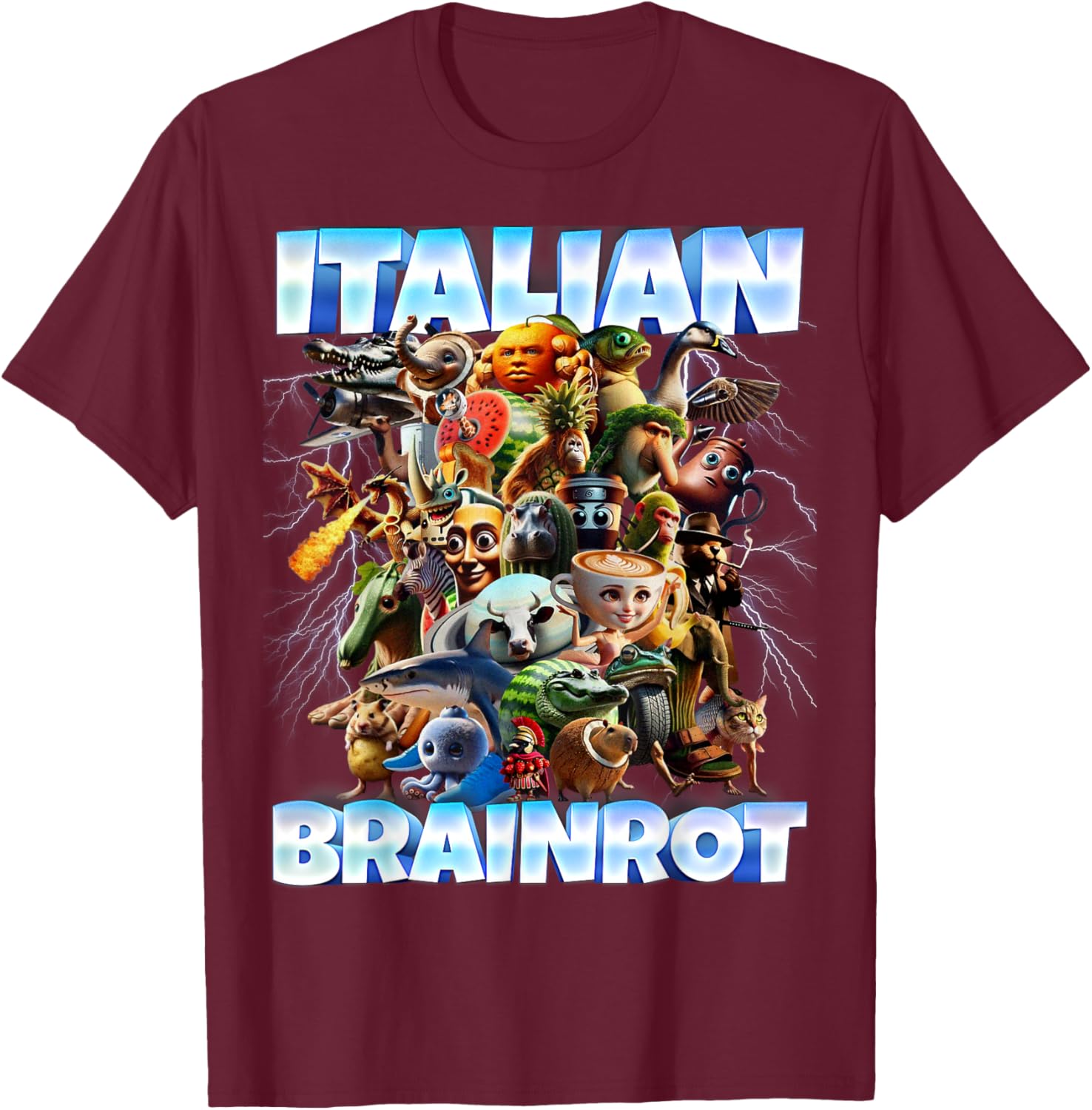 Italian Brainrot Characters Funny Meme Popular Trend Gen Z T-Shirt - T-Shirt | Maroon