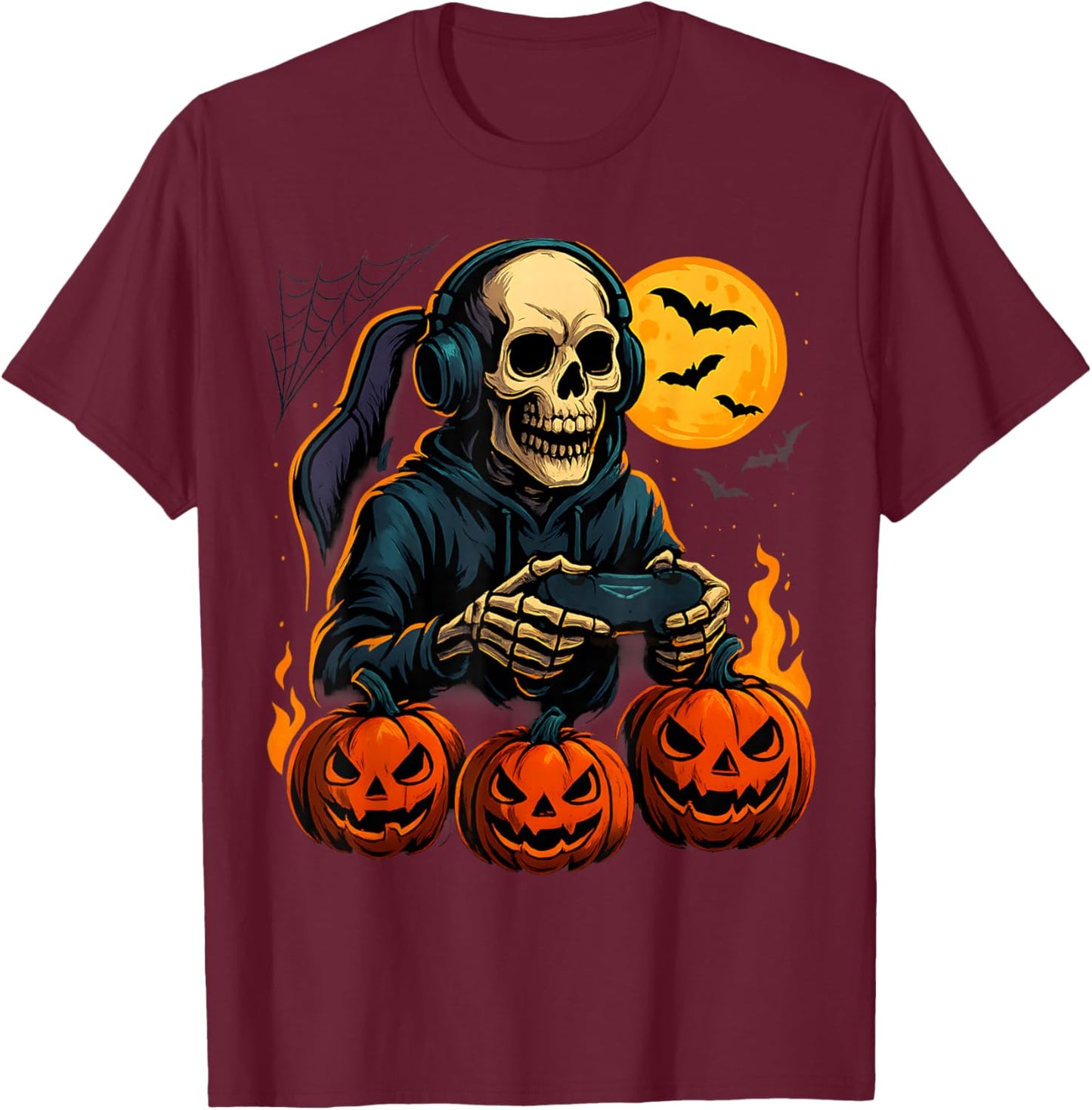 Halloween Skeleton Gamer with Pumpkins Controller for Kids T-Shirt - T-Shirt | Maroon