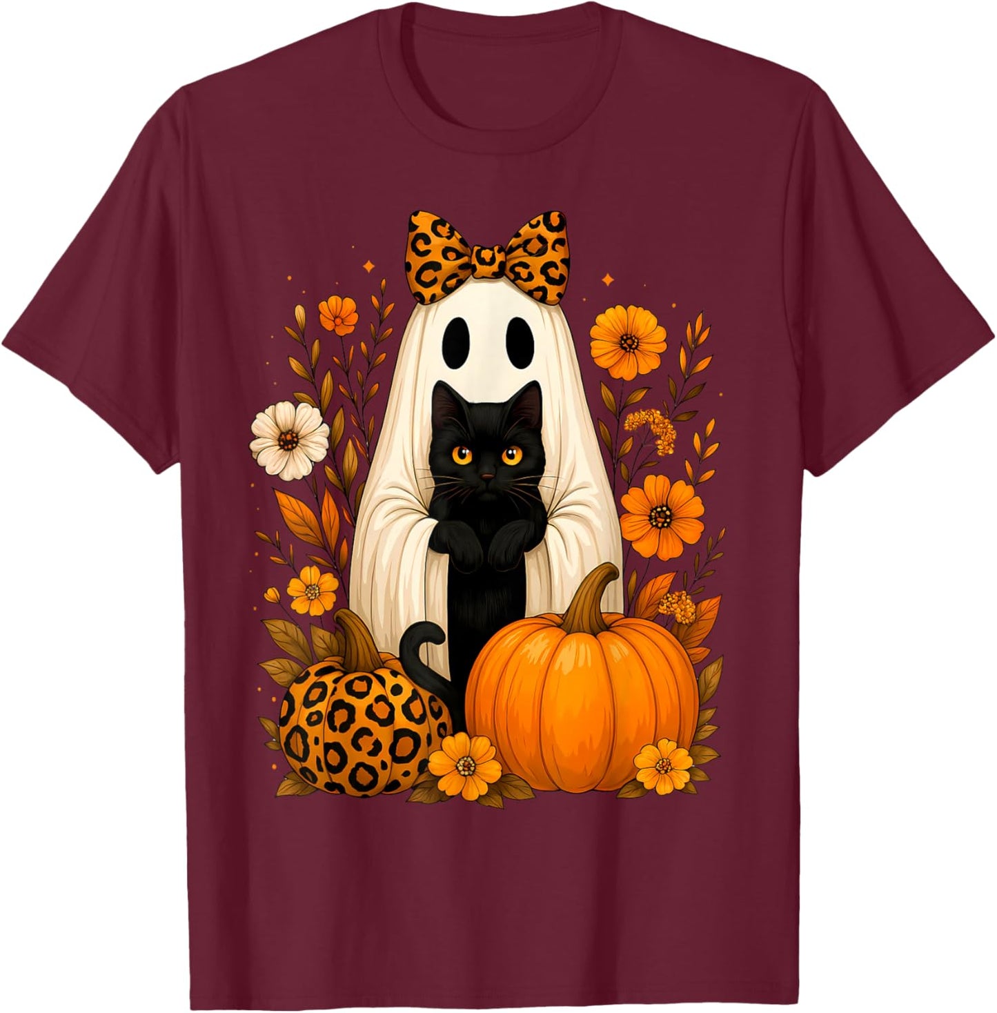 Ghost Holding Black Cat Leopard Print Autumn Halloween Women T-Shirt - T-Shirt | Maroon