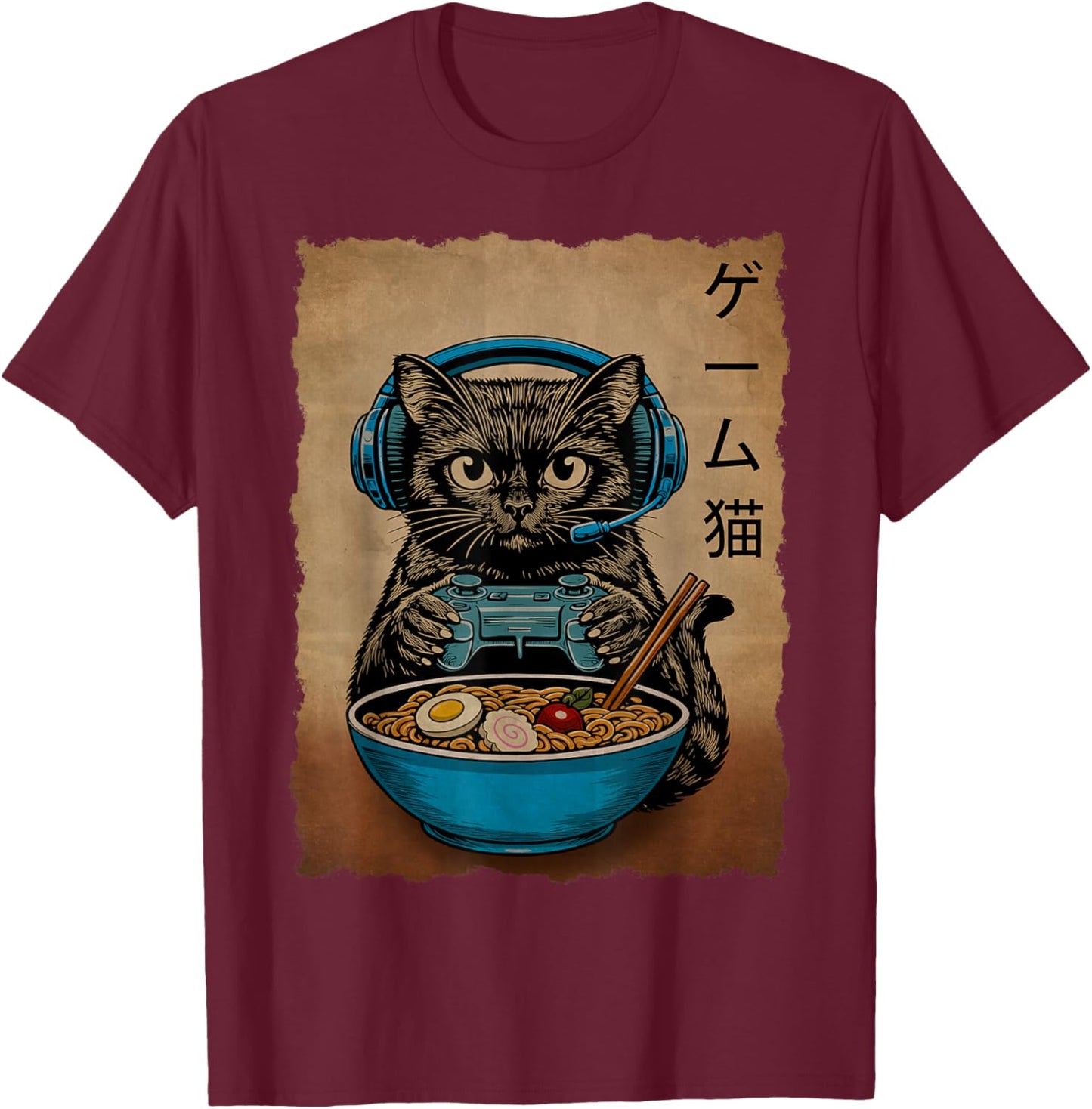 Gamer Cat Funny Teen Boys Gifts Japanese Ramen Cat Gaming T-Shirt - T-Shirt | Maroon