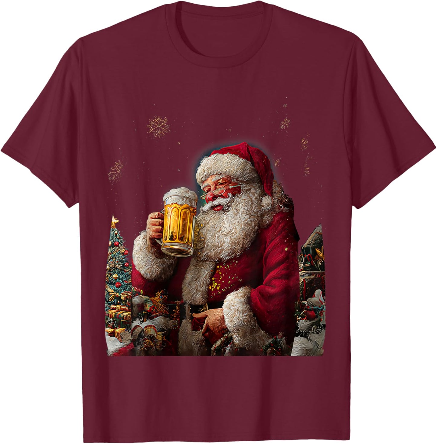 Christmas Santa Claus Beer Painting T-Shirt - T-Shirt | Maroon