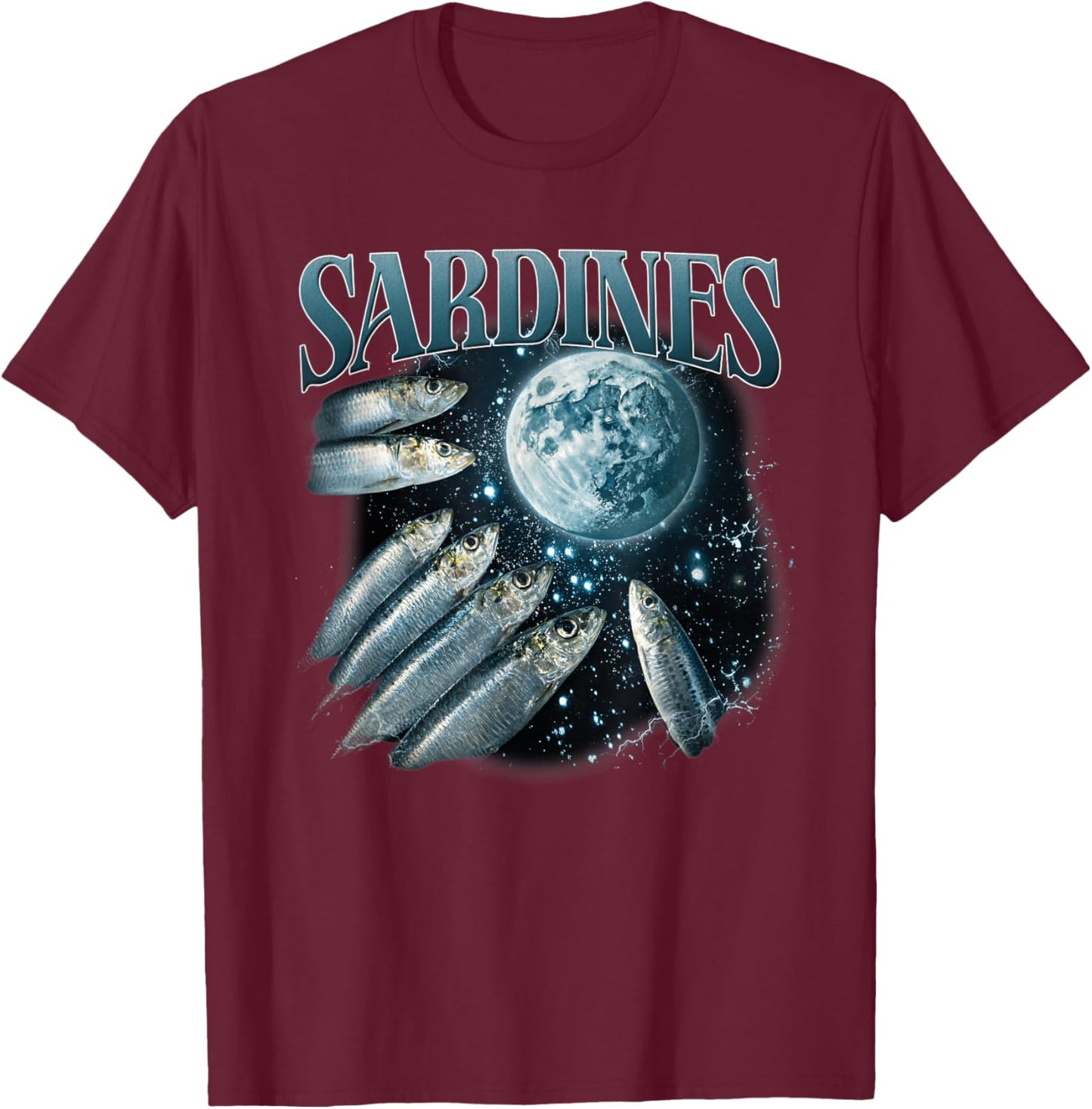 Three Sardines Howling at Moon Retro Sardine Fish Lover T-Shirt - T-Shirt | Maroon