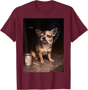 Funny Chihuahua Smoking Cigarette Beer Dog Meme T-Shirt - T-Shirt | Maroon