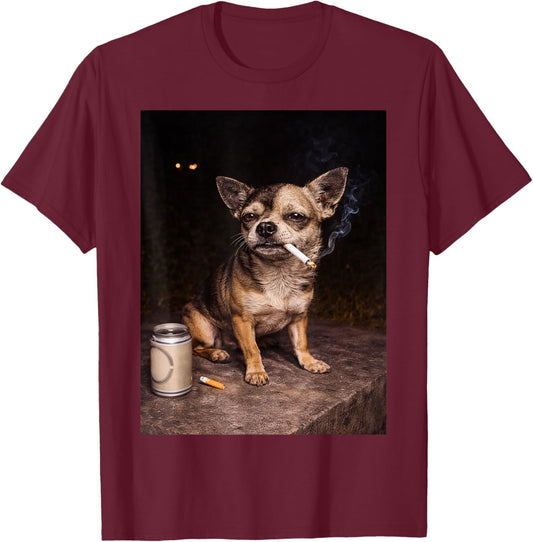 Funny Chihuahua Smoking Cigarette Beer Dog Meme T-Shirt - T-Shirt | Maroon