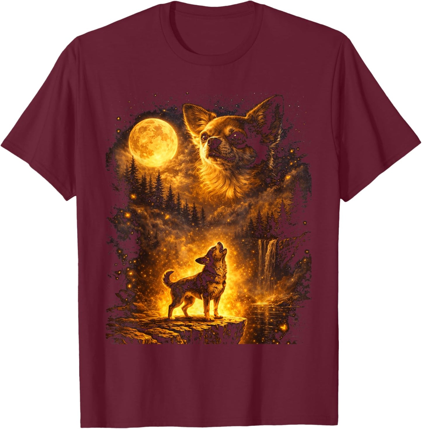 Vintage Moonlight Dog Funny Chihuahua Howling at The Moon T-Shirt - T-Shirt | Maroon