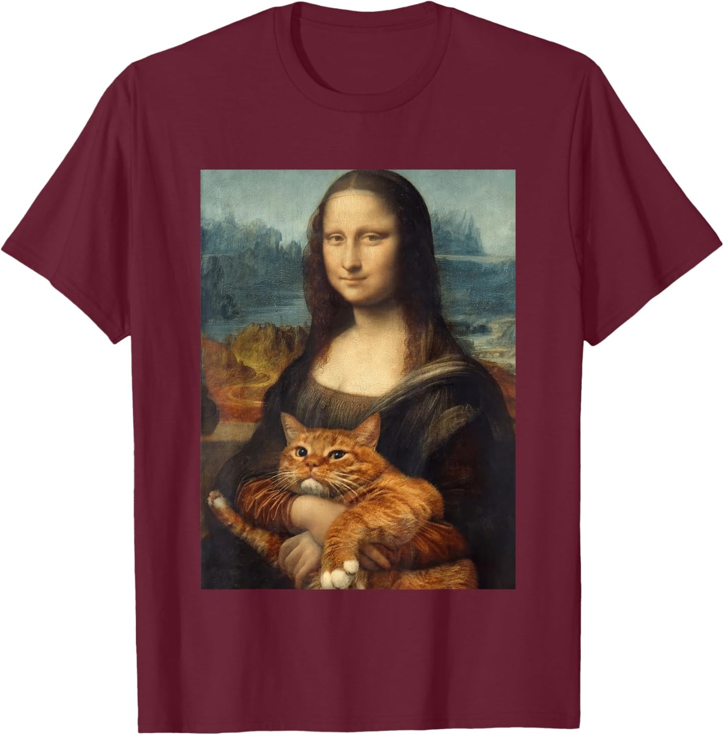 Funny Mona Lisa Holding Cat Meme Sarcastic Kitty Lover T-Shirt - T-Shirt | Maroon