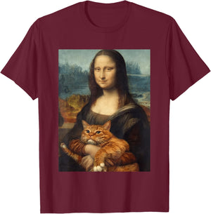 Funny Mona Lisa Holding Cat Meme Sarcastic Kitty Lover T-Shirt - T-Shirt | Maroon