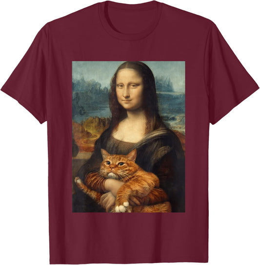 Funny Mona Lisa Holding Cat Meme Sarcastic Kitty Lover T-Shirt - T-Shirt | Maroon
