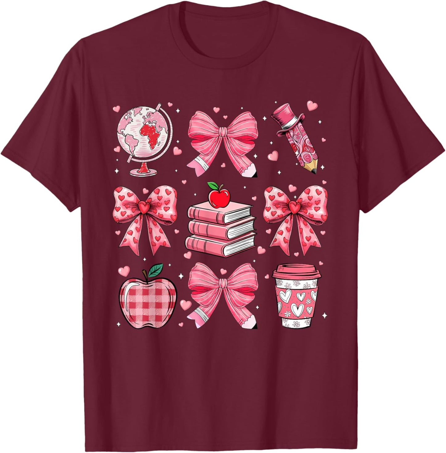 Coquette Pink Bow Apple Teacher Appreciation Valentine Day T-Shirt - T-Shirt | Maroon