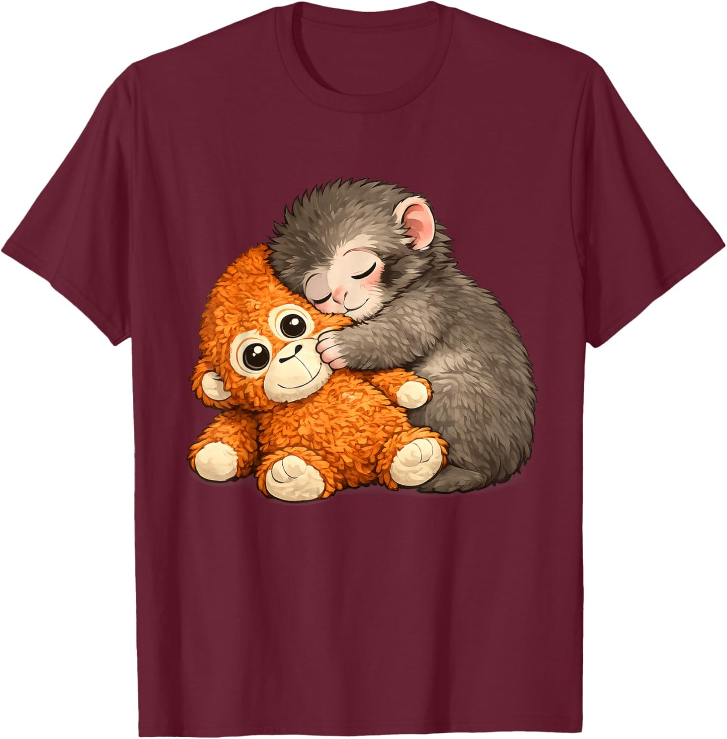 Punch The Monkey Cuddling Stuffed Animal Meme Viral Internet T-Shirt - T-Shirt | Maroon