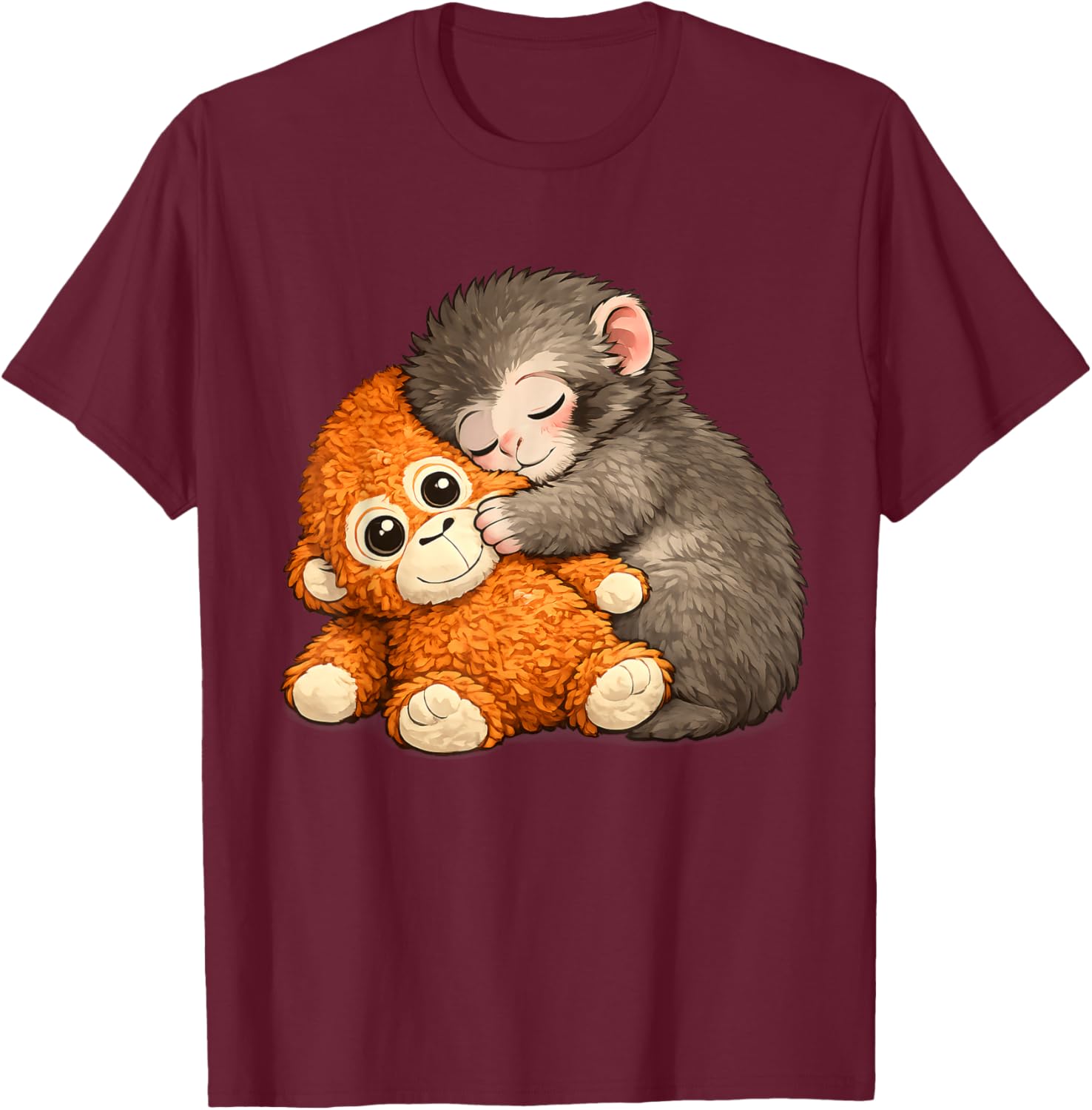 Punch The Monkey Cuddling Stuffed Animal Meme Viral Internet T-Shirt - T-Shirt | Maroon