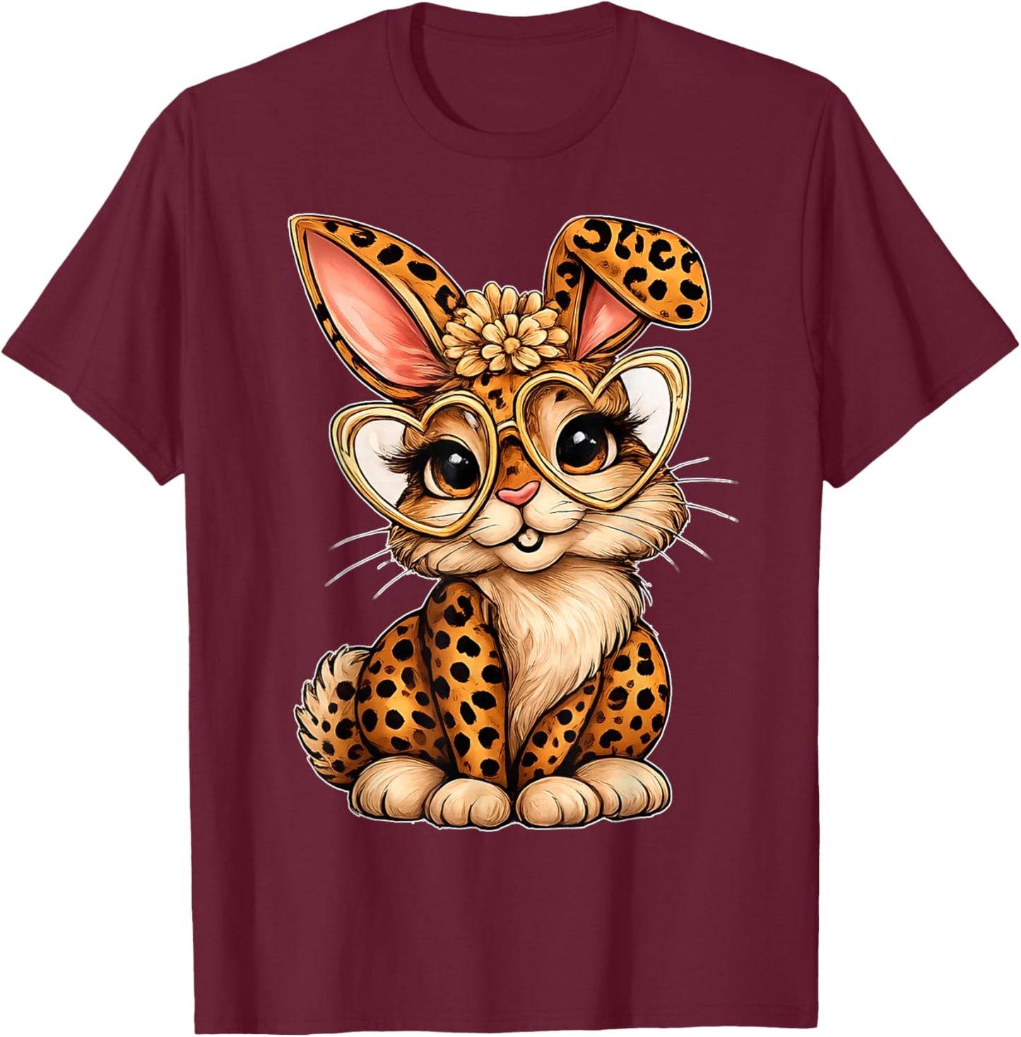 Cute Easter Leopard Bunny Heart Glasses Spring Vibes T-Shirt - T-Shirt | Maroon