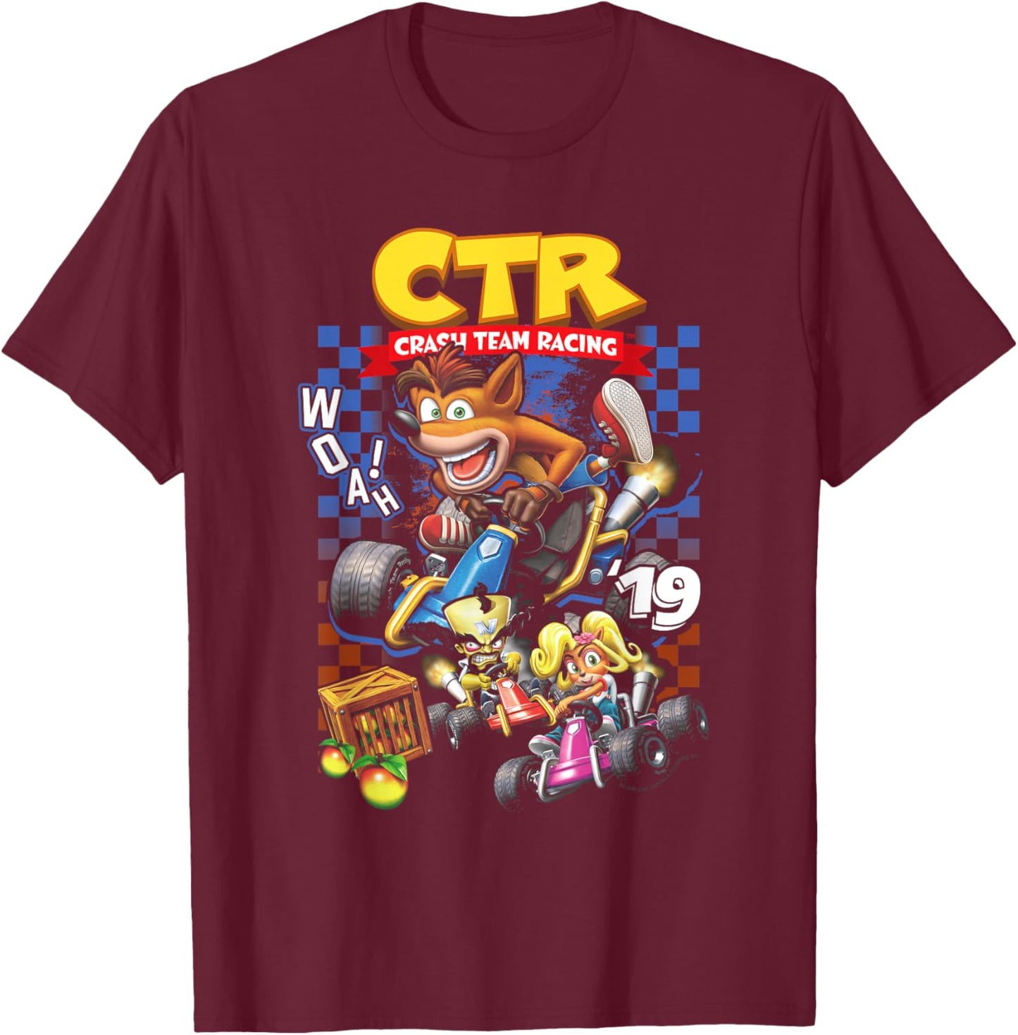 Crash Bandicoot Team Racing Checkerboard Collage Video Game T-Shirt - T-Shirt | Maroon