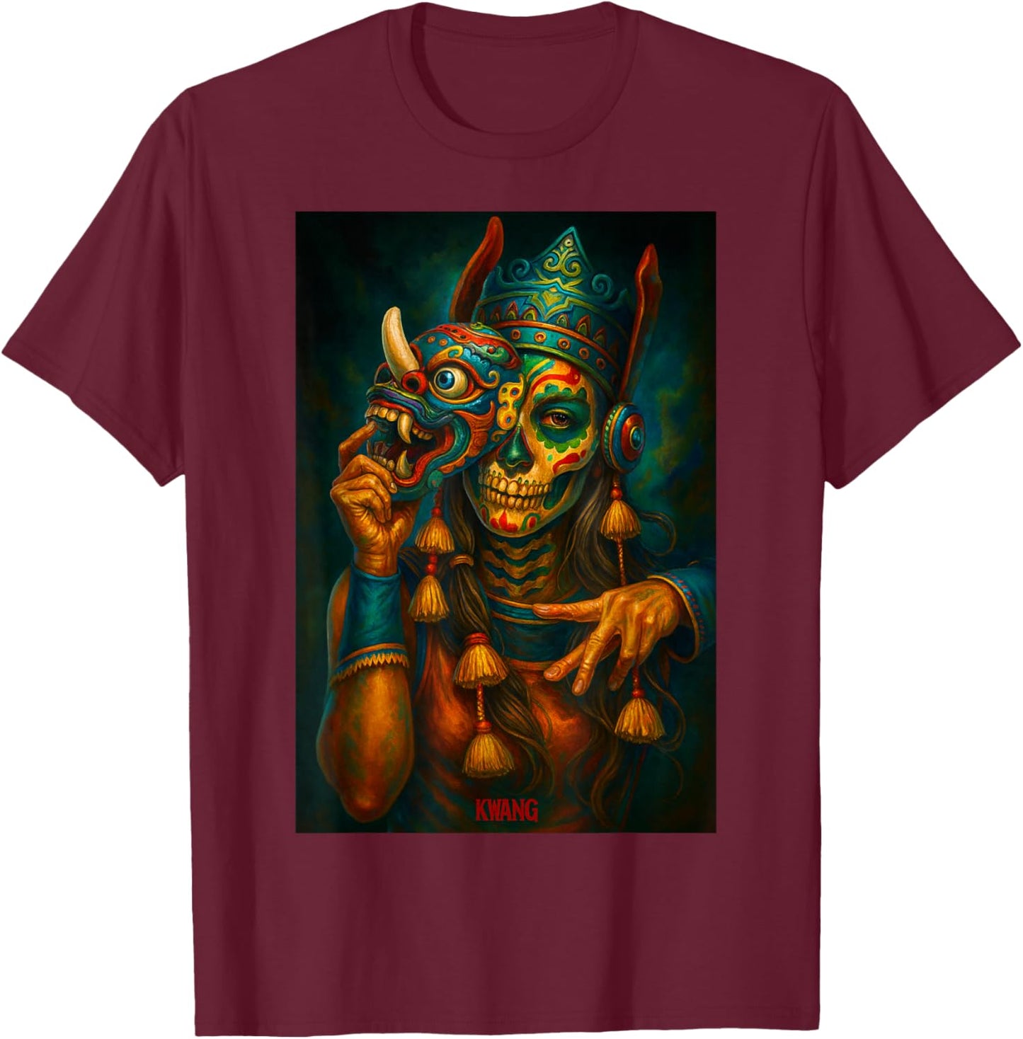 Diosa Azteca con Máscara T-Shirt - T-Shirt | Maroon