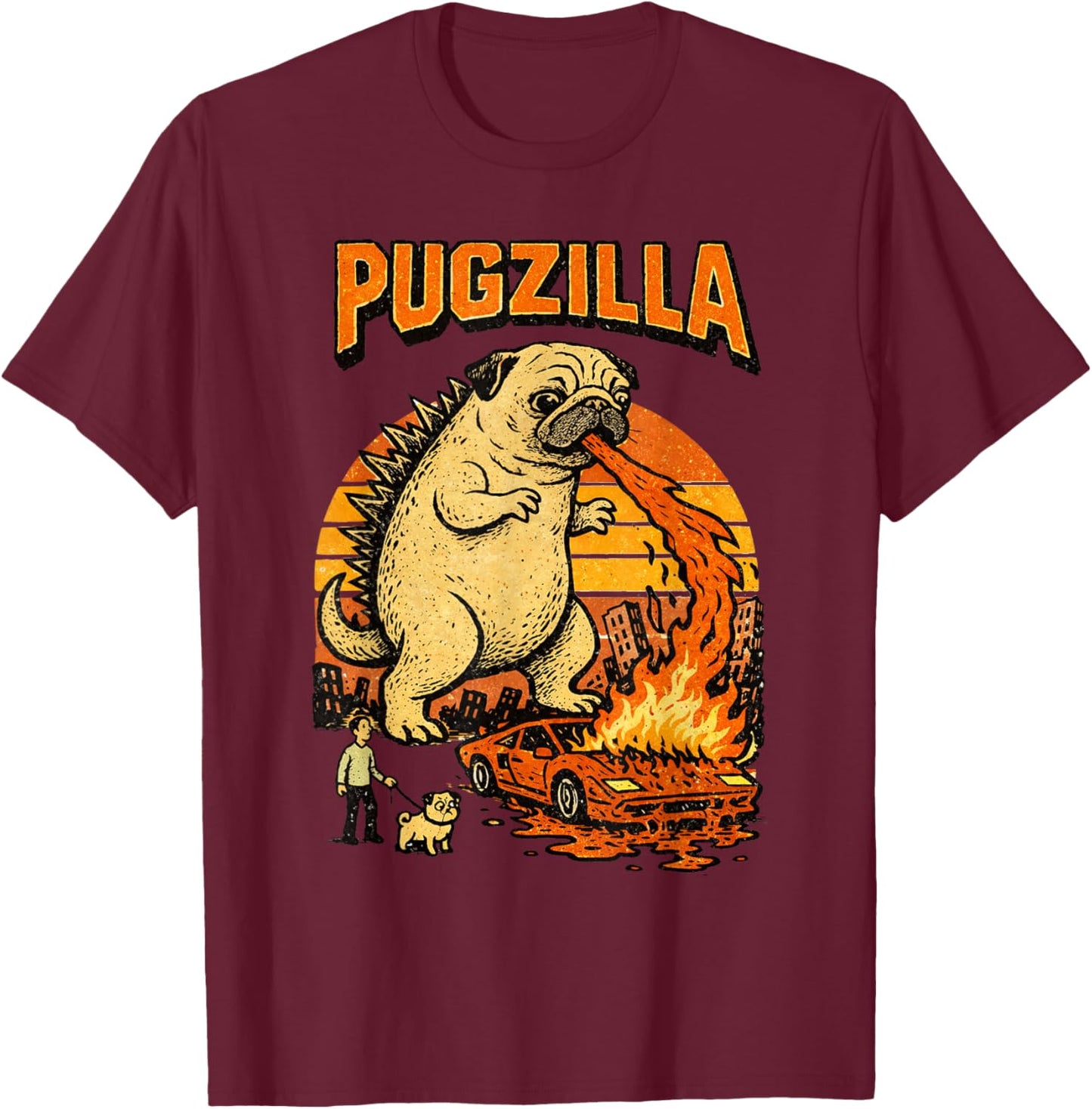 Pugzilla Funny Giant Pug Dog Meme Parody Illustration T-Shirt - T-Shirt | Maroon