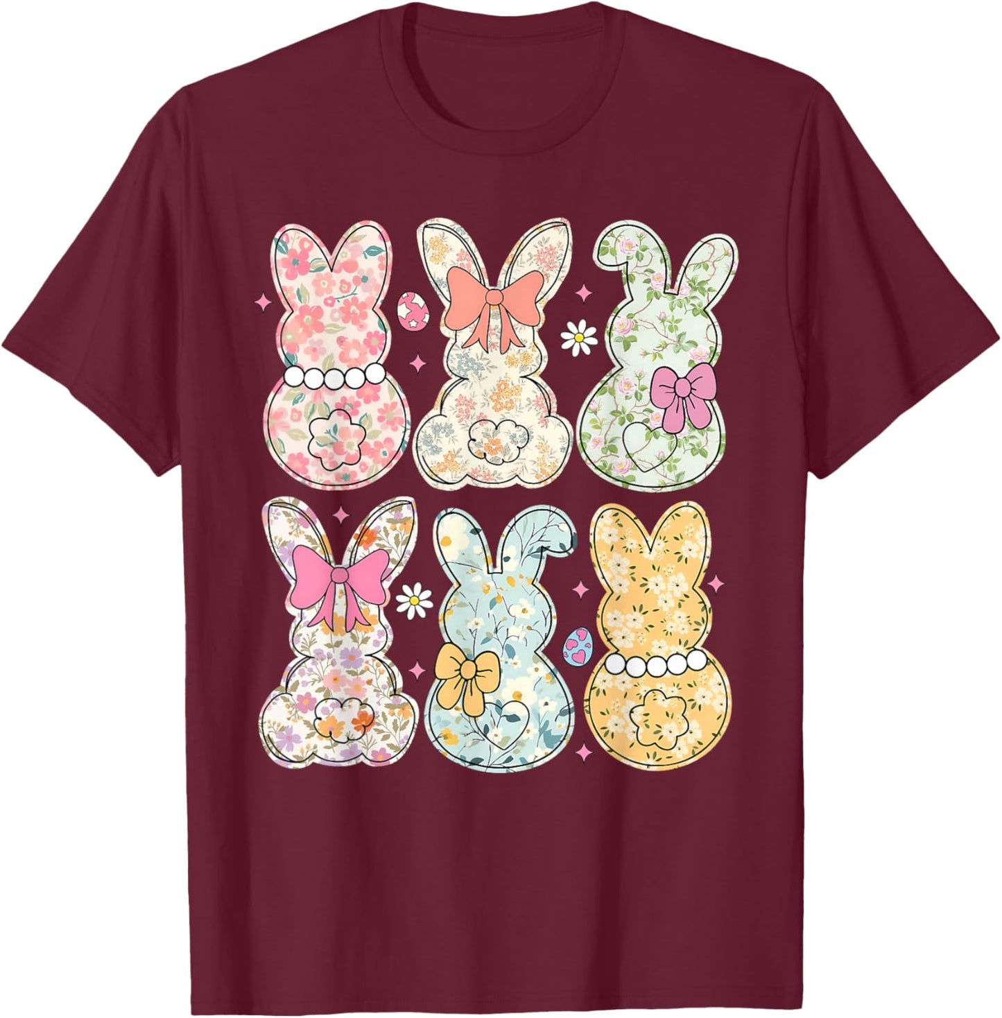 Funny Bunny Flower Rabbit Lovers Happy Easter Retro Trendy T-Shirt - T-Shirt | Maroon