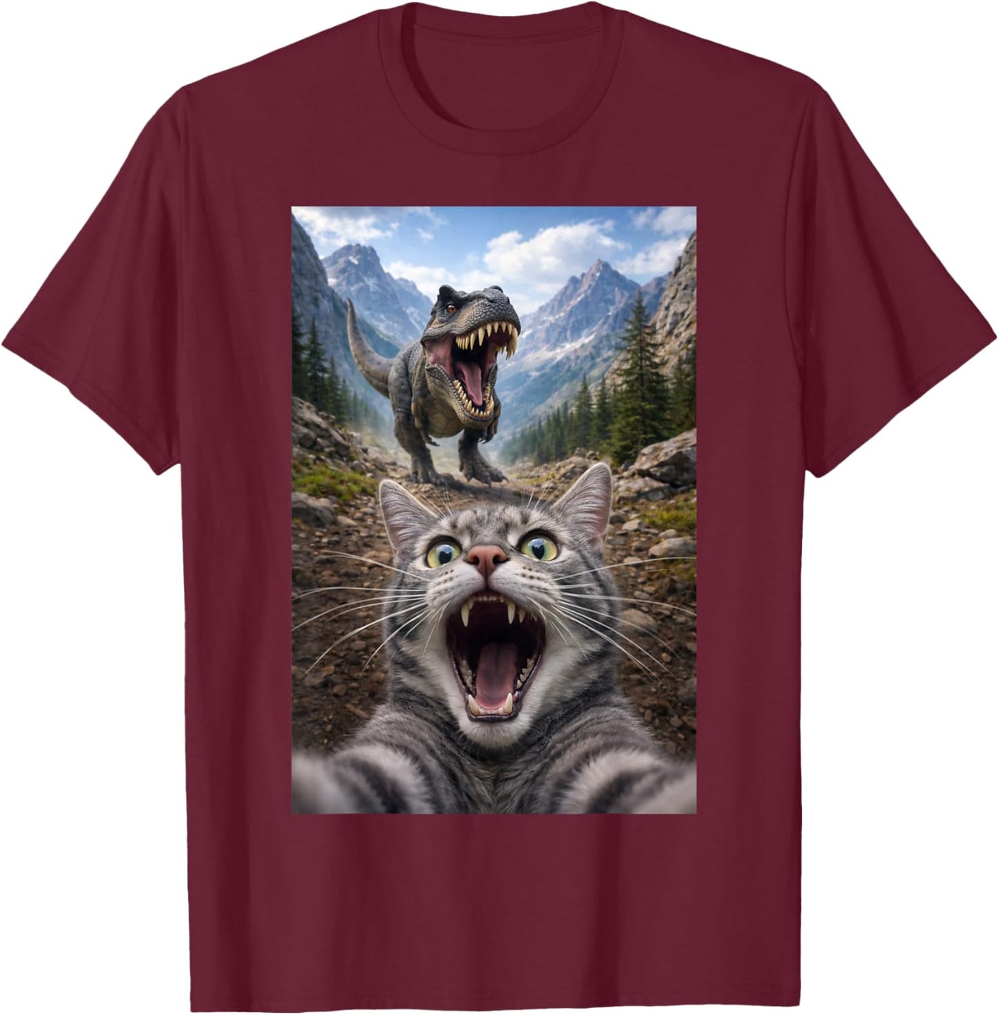 Funny Cat Selfie Running from T-Rex Dinosaur T-Shirt - T-Shirt | Maroon