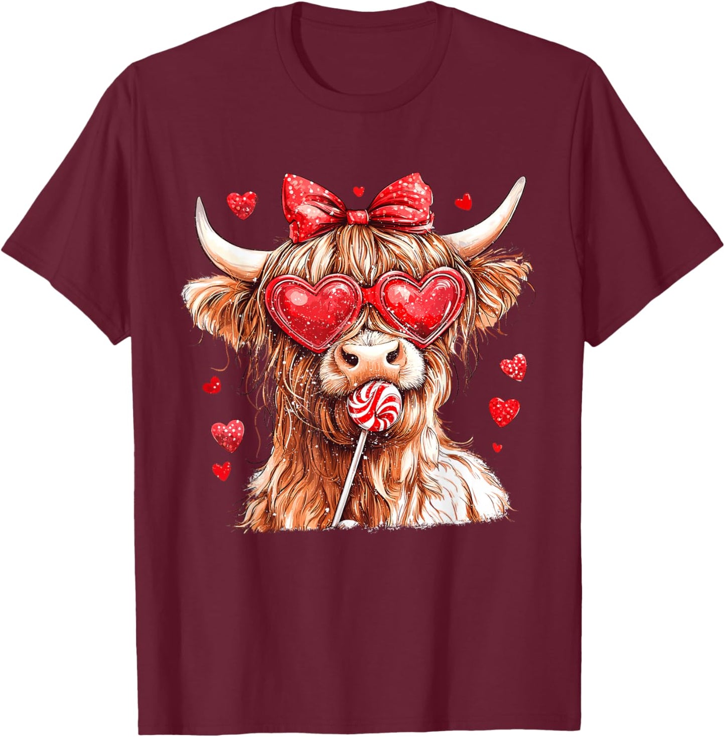 Cute Highland Cow Candy Cane Heart Valentines Day Scottish T-Shirt - T-Shirt | Maroon
