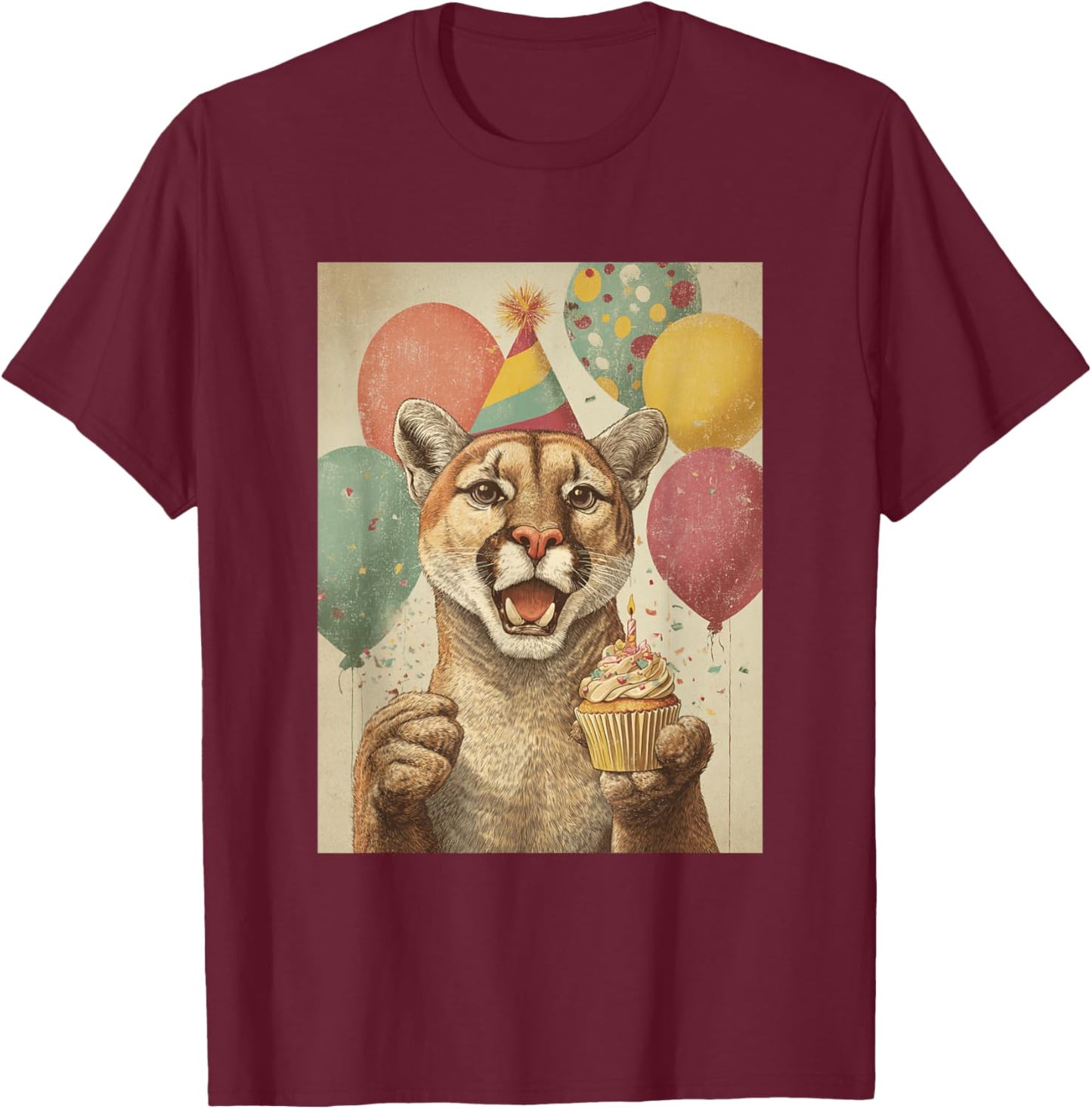 Mountain Lion Retro Art Print Birthday Party Cupcake T-Shirt - T-Shirt | Maroon