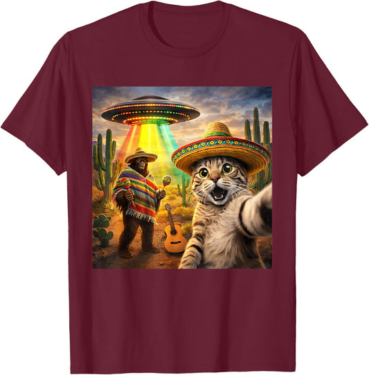 Mexican Cat Selfie with Bigfoot UFO Cinco De Mayo Meme 2026 T-Shirt - T-Shirt | Maroon
