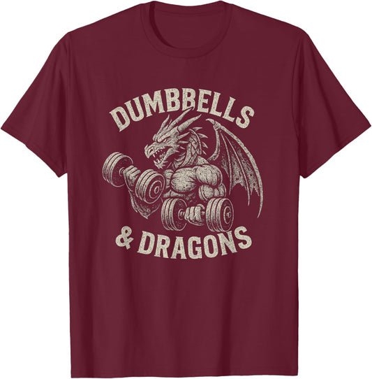 Dumbbells and Dragons Distressed Workout Fantasy Design T-Shirt - T-Shirt | Maroon