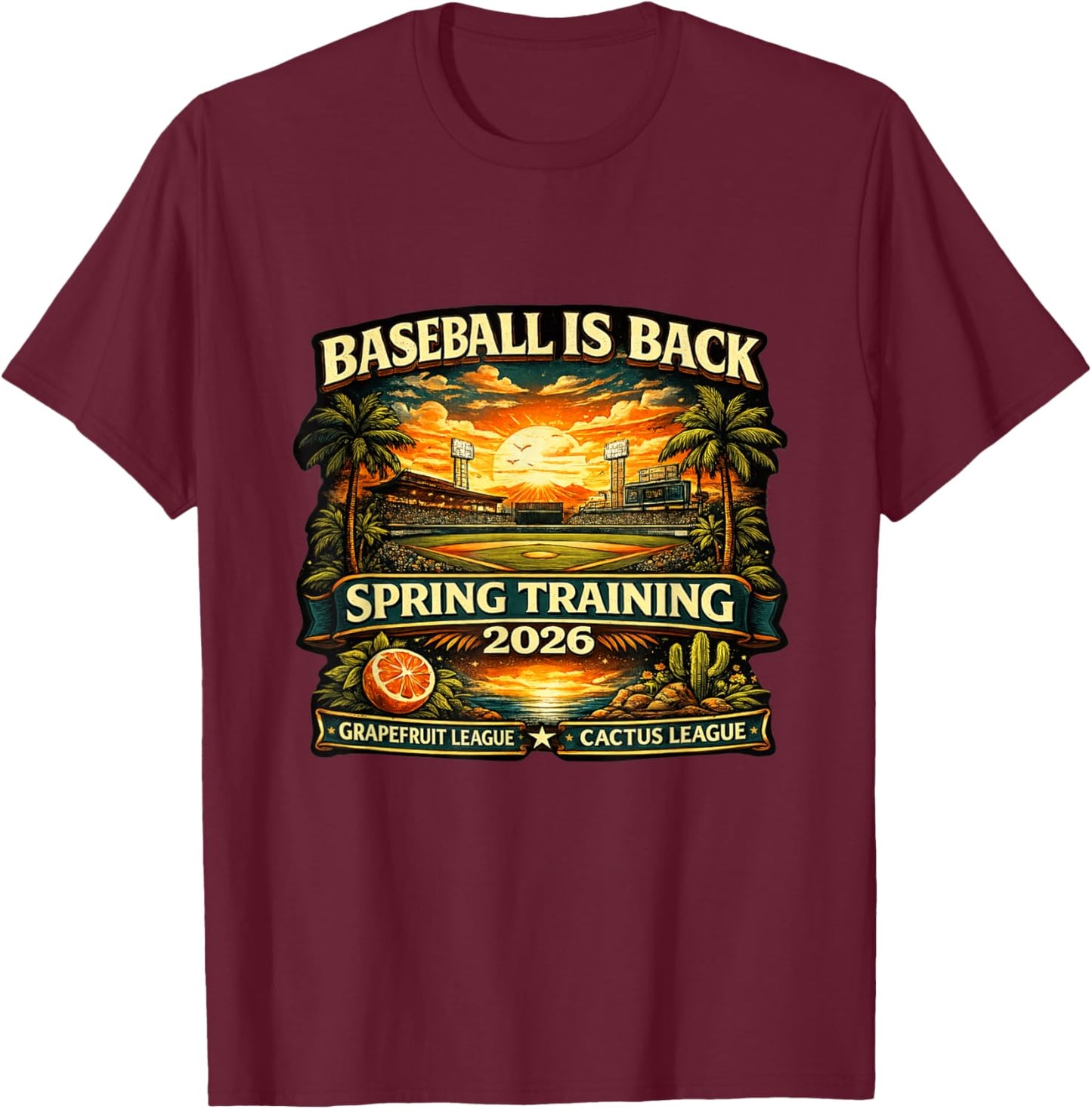 Spring Training Baseball is Back 2026 Retro Stadium Sunset T-Shirt - T-Shirt | Maroon